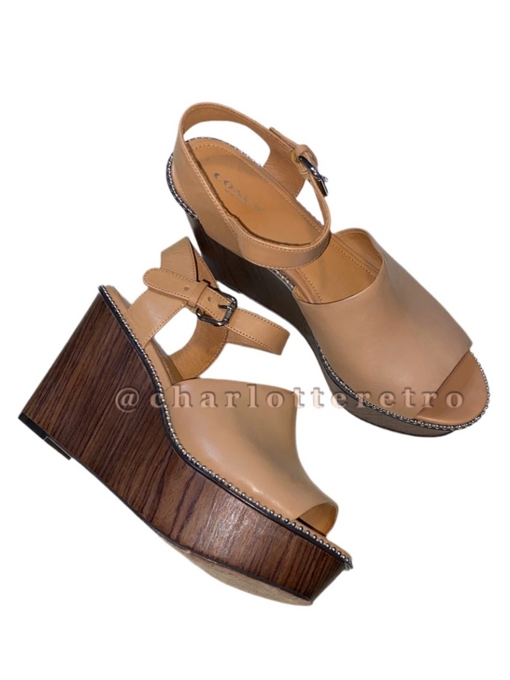 Coach • Harla Platform Wedge Leather Sandals w Beaded Trim